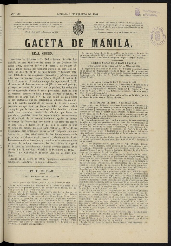 Miniatura de Gaceta de Manila del 2 de febrero de 1868, nº 33