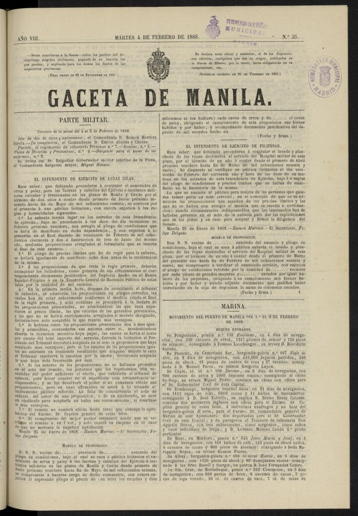 Miniatura de Gaceta de Manila del 4 de febrero de 1868, nº 34