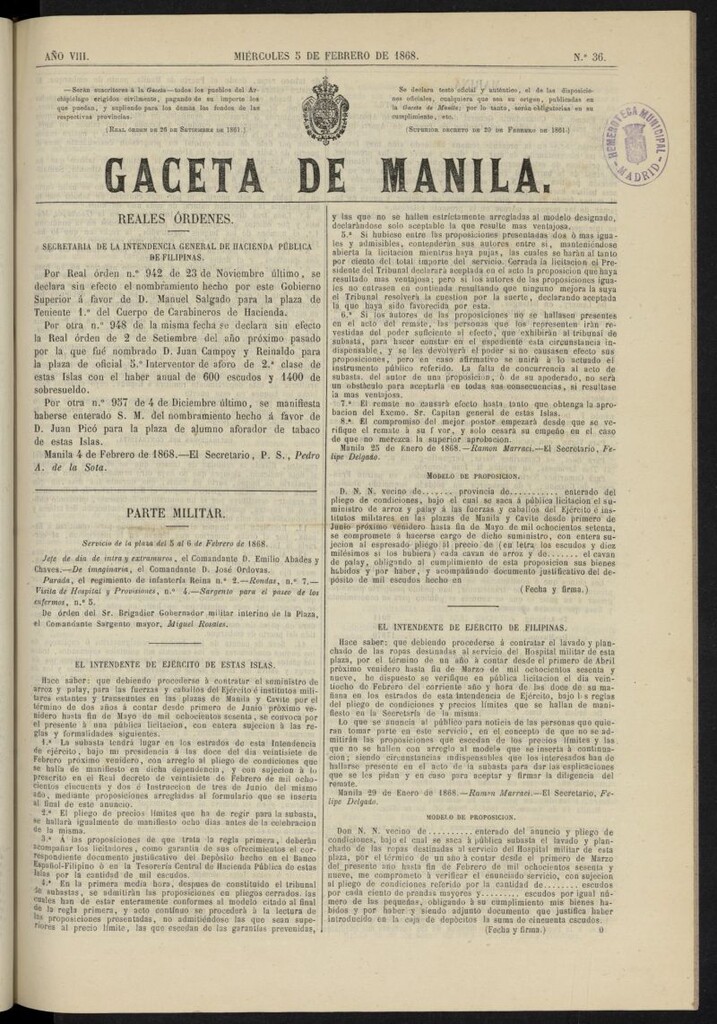Miniatura de Gaceta de Manila del 5 de febrero de 1868, nº 36