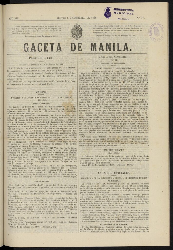 Miniatura de Gaceta de Manila del 6 de febrero de 1868, nº 37