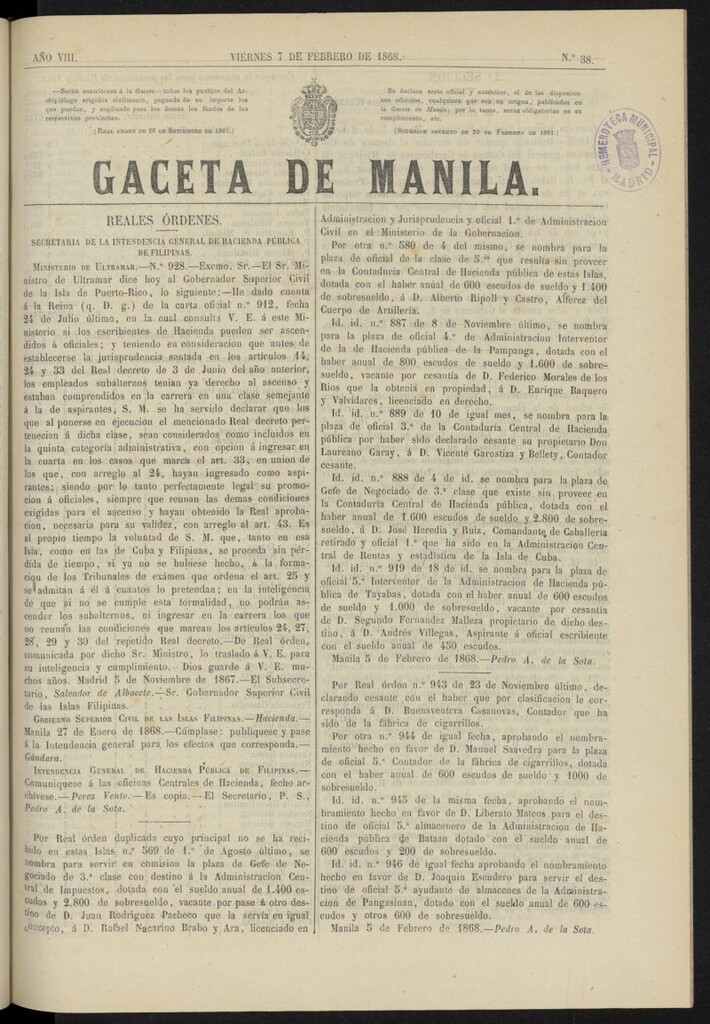 Miniatura de Gaceta de Manila del 7 de febrero de 1868, nº 38