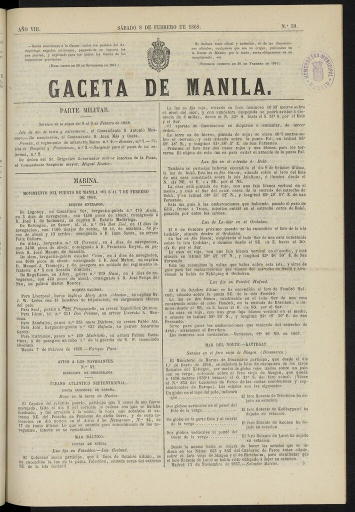 Miniatura de Gaceta de Manila del 8 de febrero de 1868, nº 39