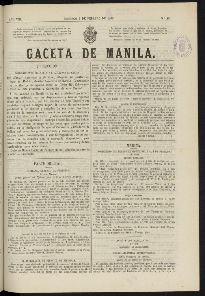 Miniatura de Gaceta de Manila del 9 de febrero de 1868, nº 40