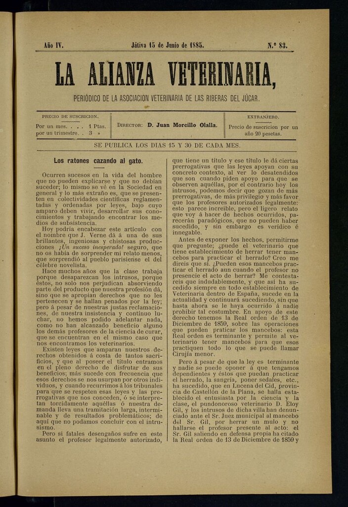 Miniatura de La alianza veterinaria, periódico de la Asociación veterinaria de las riberas del Júcar del 15 de junio de 1885
