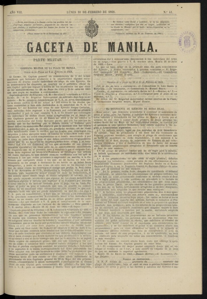 Miniatura de Gaceta de Manila del 10 de febrero de 1868, nº 41