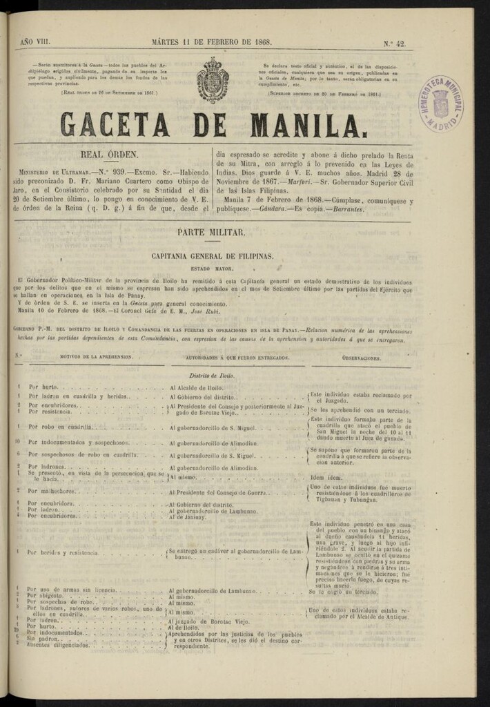 Miniatura de Gaceta de Manila del 11 de febrero de 1868, nº 42