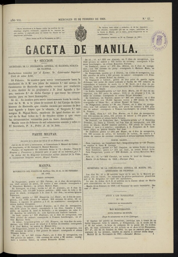 Miniatura de Gaceta de Manila del 12 de febrero de 1868, nº 43