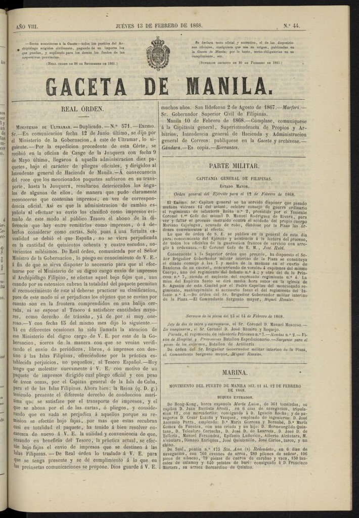 Miniatura de Gaceta de Manila del 13 de febrero de 1868, nº 44