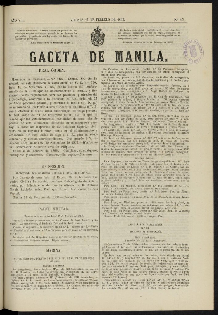 Miniatura de Gaceta de Manila del 14 de febrero de 1868, nº 45