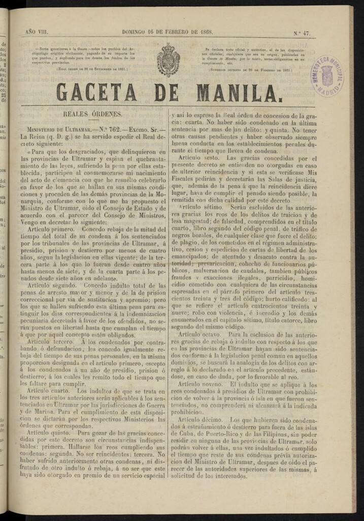 Miniatura de Gaceta de Manila del 16 de febrero de 1868, nº 47