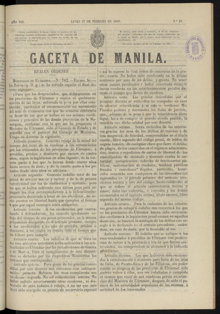 Miniatura de Gaceta de Manila del 17 de febrero de 1868, nº 48