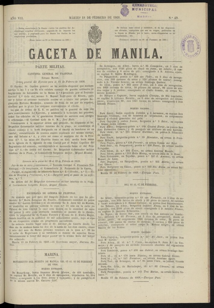 Miniatura de Gaceta de Manila del 18 de febrero de 1868, nº 49