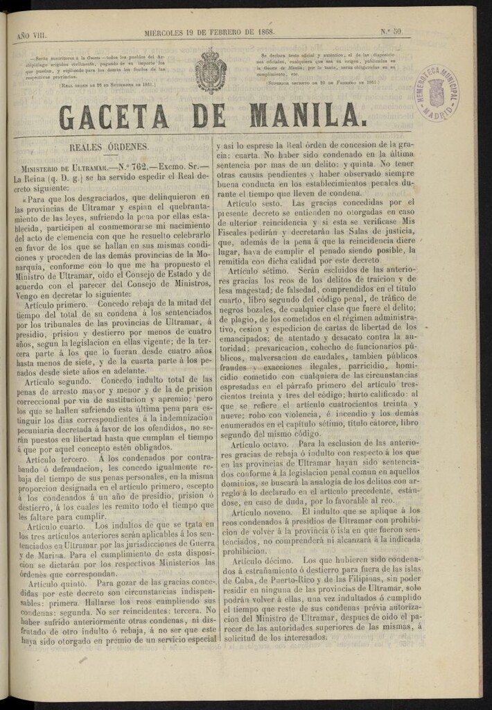 Miniatura de Gaceta de Manila del 19 de febrero de 1868, nº 50