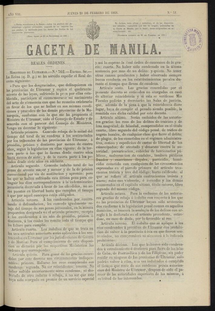 Miniatura de Gaceta de Manila del 20 de febrero de 1868, nº 51