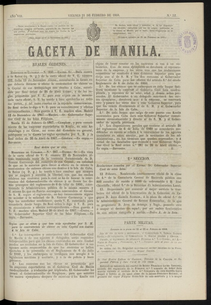 Miniatura de Gaceta de Manila del 21 de febrero de 1868, nº 52