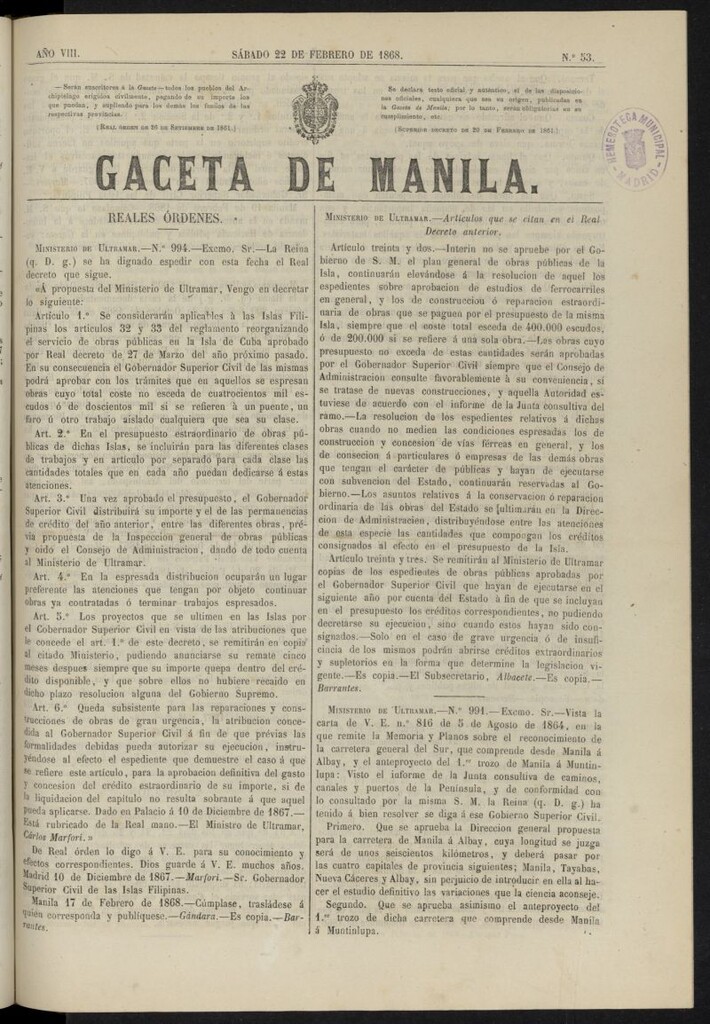 Miniatura de Gaceta de Manila del 22 de febrero de 1868, nº 53