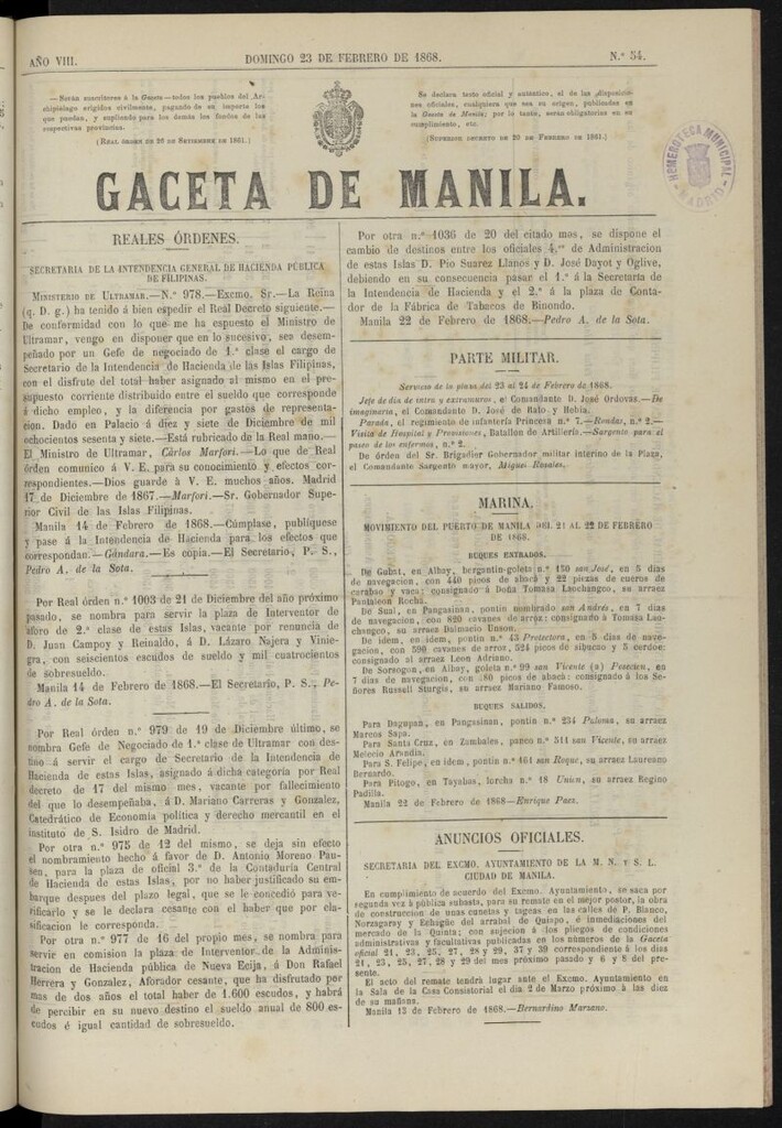 Miniatura de Gaceta de Manila del 23 de febrero de 1868, nº 54