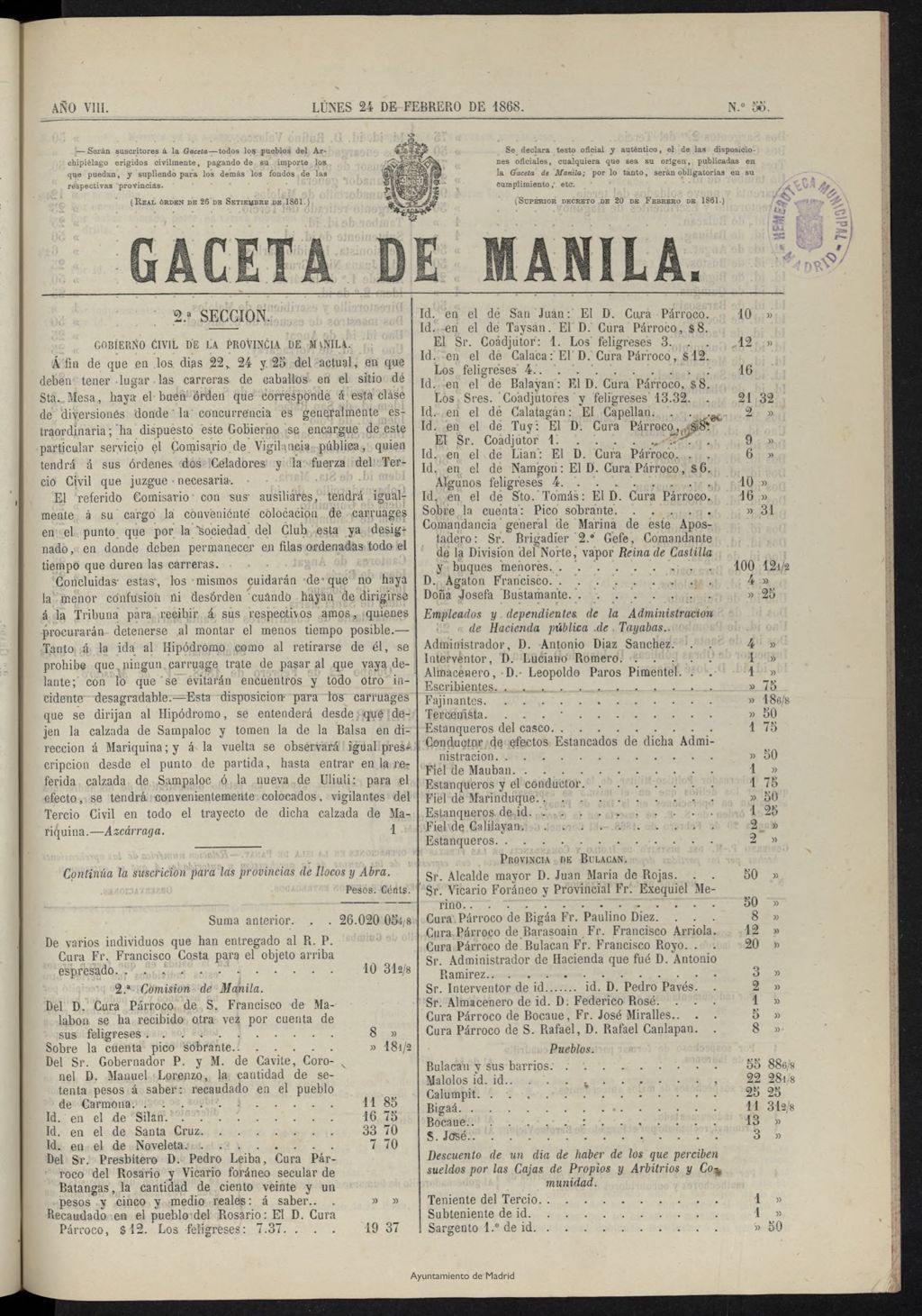 Miniatura de Gaceta de Manila del 24 de febrero de 1868, nº 55