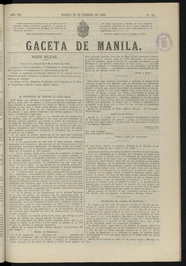 Miniatura de Gaceta de Manila del 25 de febrero de 1868, nº 56