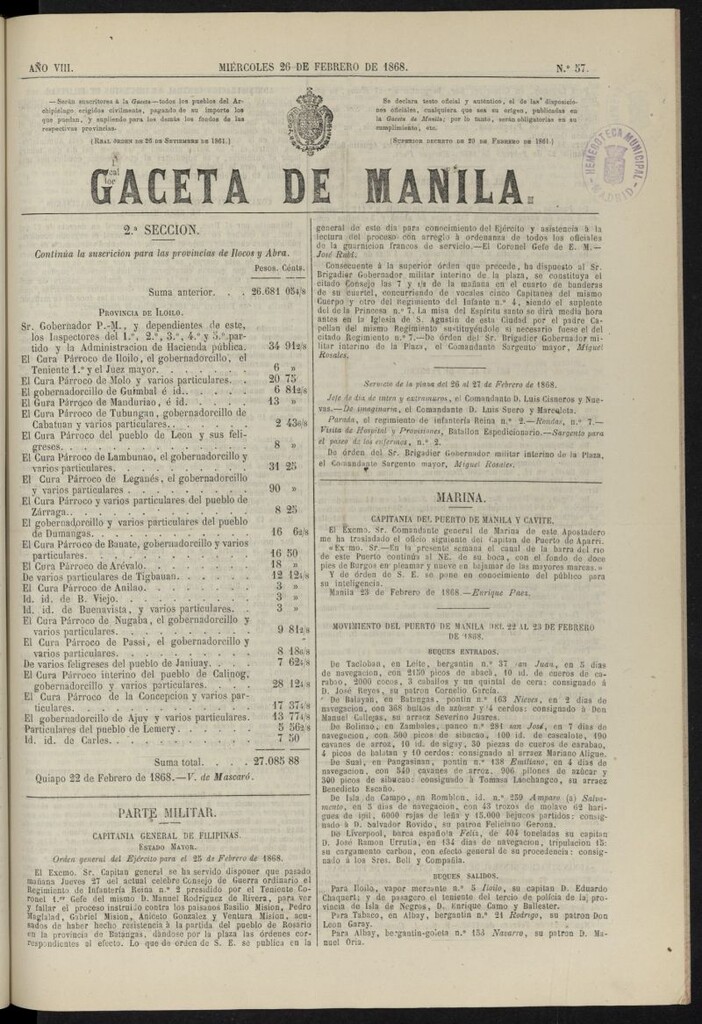 Miniatura de Gaceta de Manila del 26 de febrero de 1868, nº 57