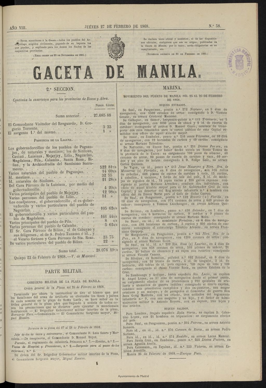 Miniatura de Gaceta de Manila del 27 de febrero de 1868, nº 58