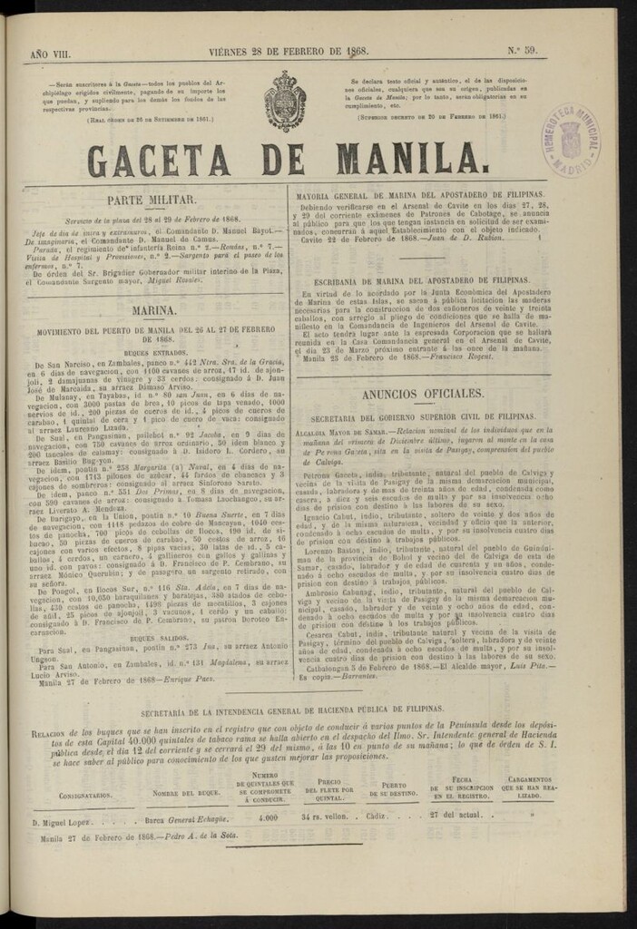 Miniatura de Gaceta de Manila del 28 de febrero de 1868, nº 59
