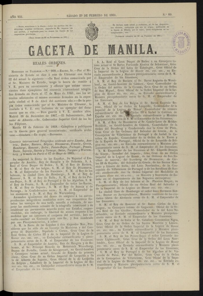 Miniatura de Gaceta de Manila del 29 de febrero de 1868, nº 60