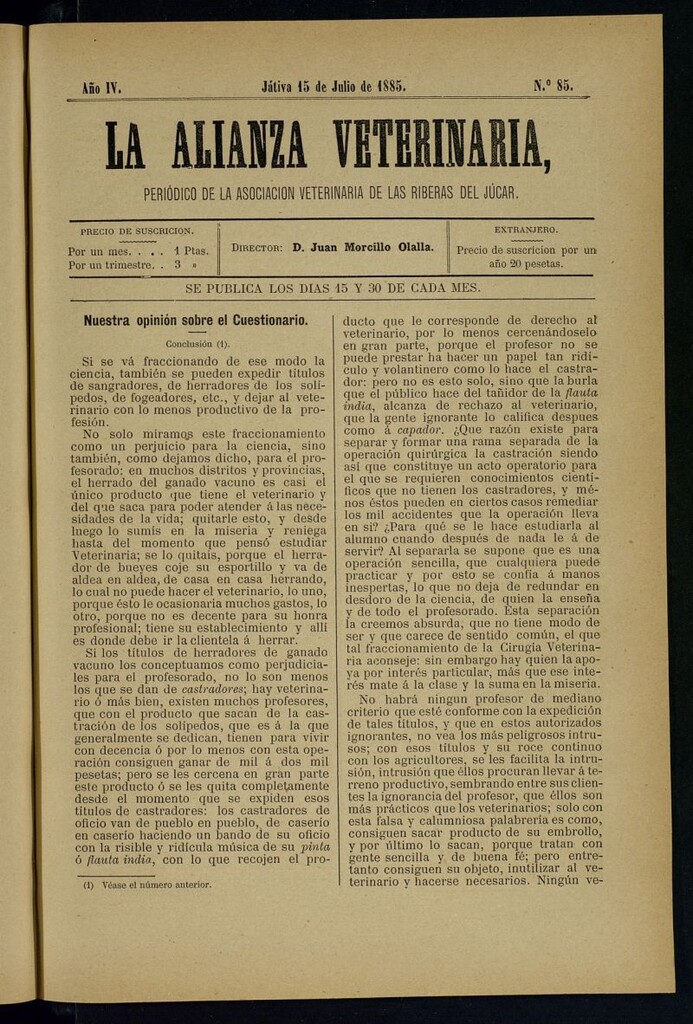 Miniatura de La alianza veterinaria, periódico de la Asociación veterinaria de las riberas del Júcar del 15 de julio de 1885