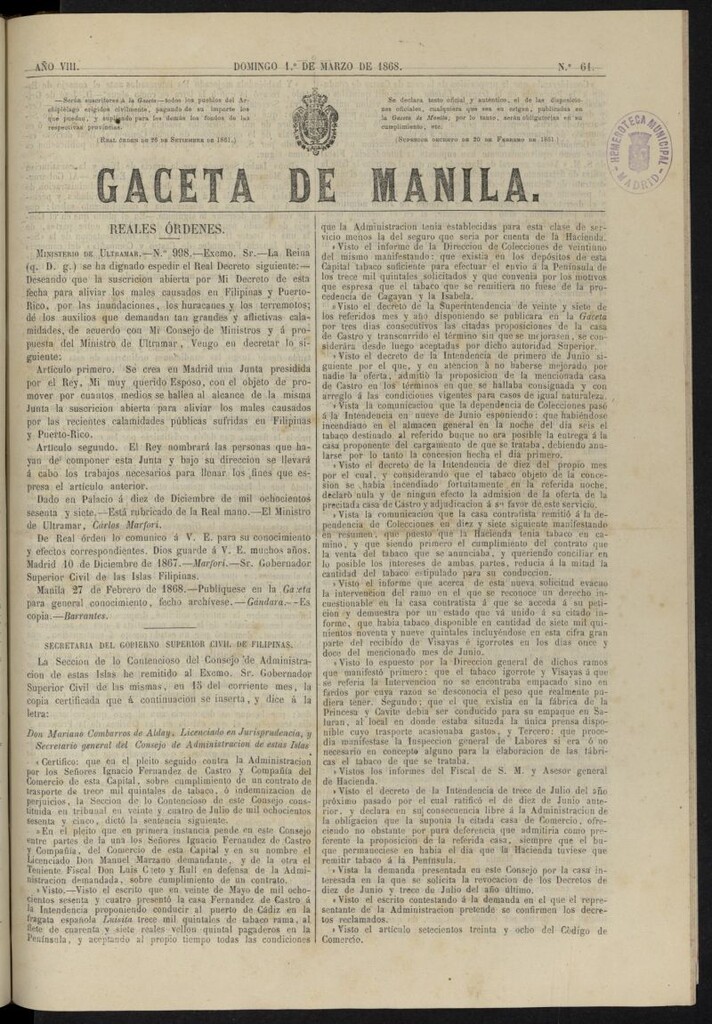 Miniatura de Gaceta de Manila del 1 de marzo de 1868, nº 61