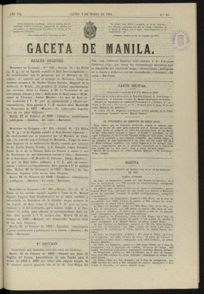 Miniatura de Gaceta de Manila del 2 de marzo de 1868, nº 62