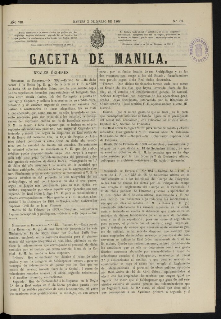 Miniatura de Gaceta de Manila del 3 de marzo de 1868, nº 63