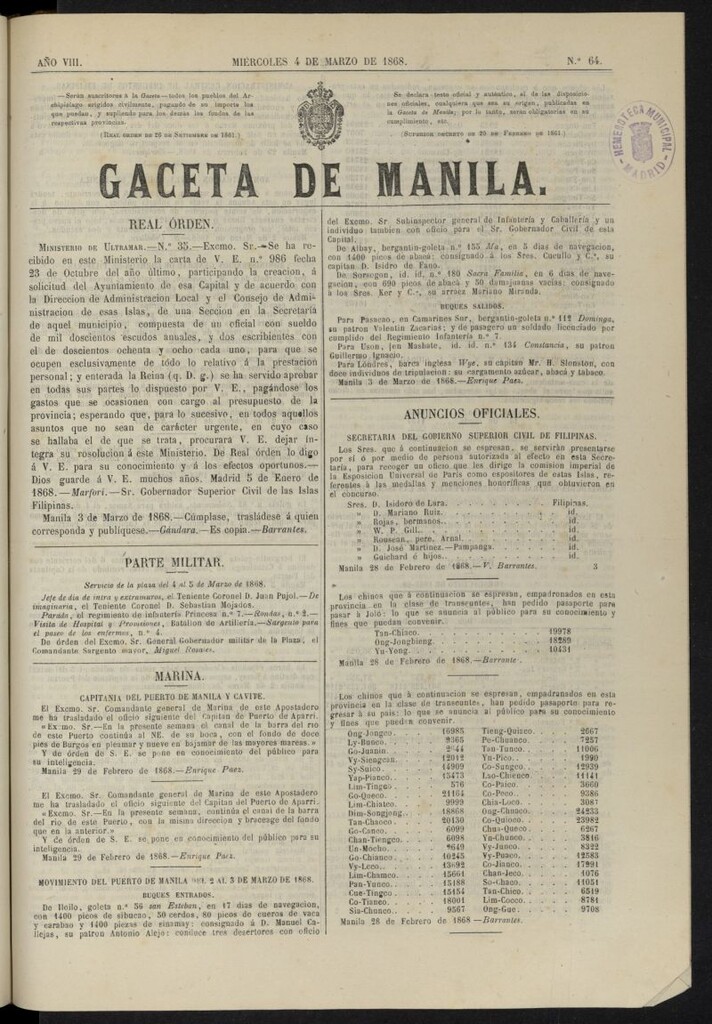 Miniatura de Gaceta de Manila del 4 de marzo de 1868, nº 64