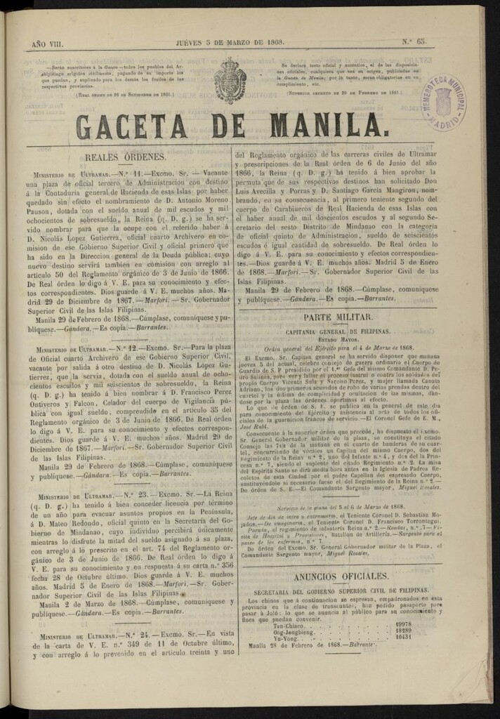 Miniatura de Gaceta de Manila del 5 de marzo de 1868, nº 65