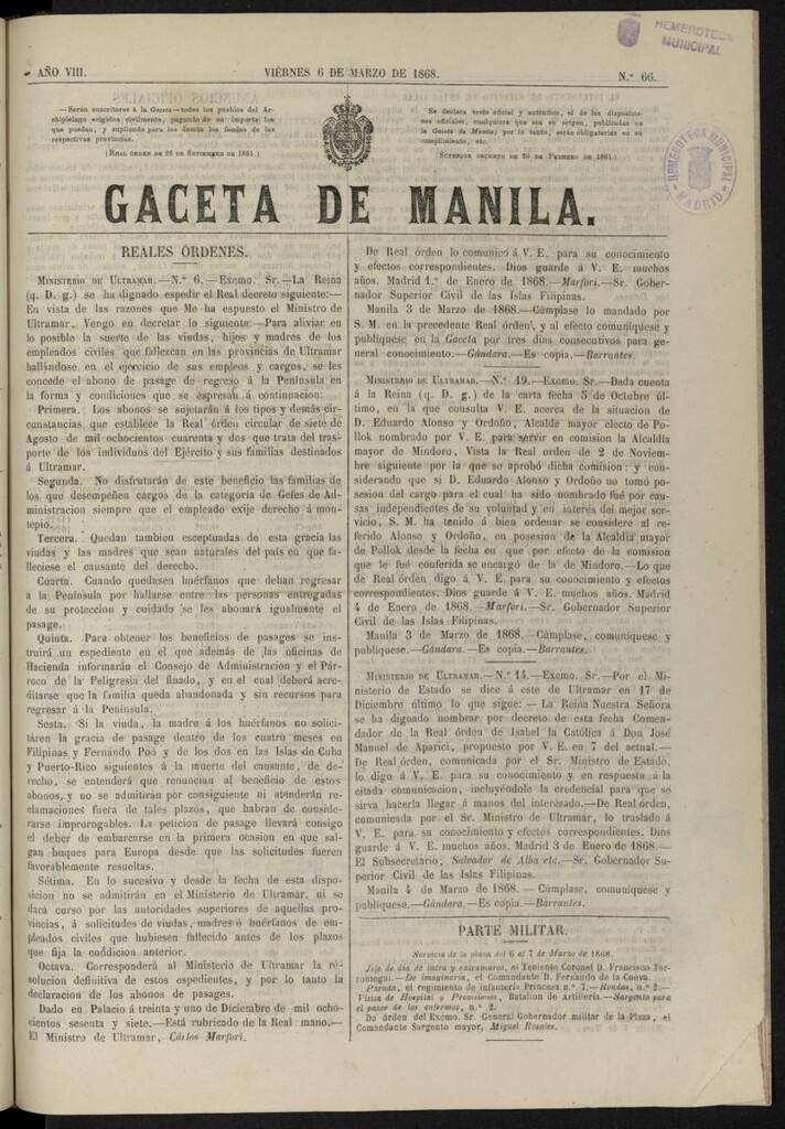 Miniatura de Gaceta de Manila del 6 de marzo de 1868, nº 66