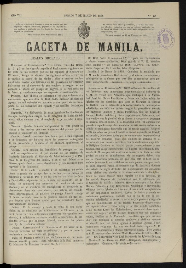 Miniatura de Gaceta de Manila del 7 de marzo de 1868, nº 67