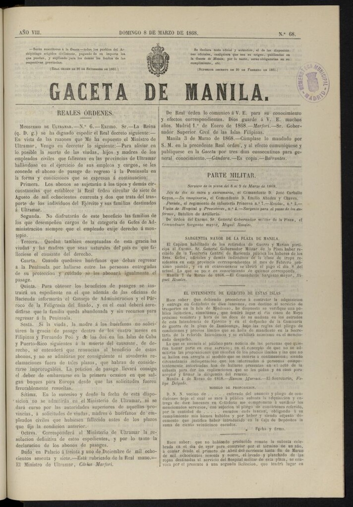 Miniatura de Gaceta de Manila del 8 de marzo de 1868, nº 68
