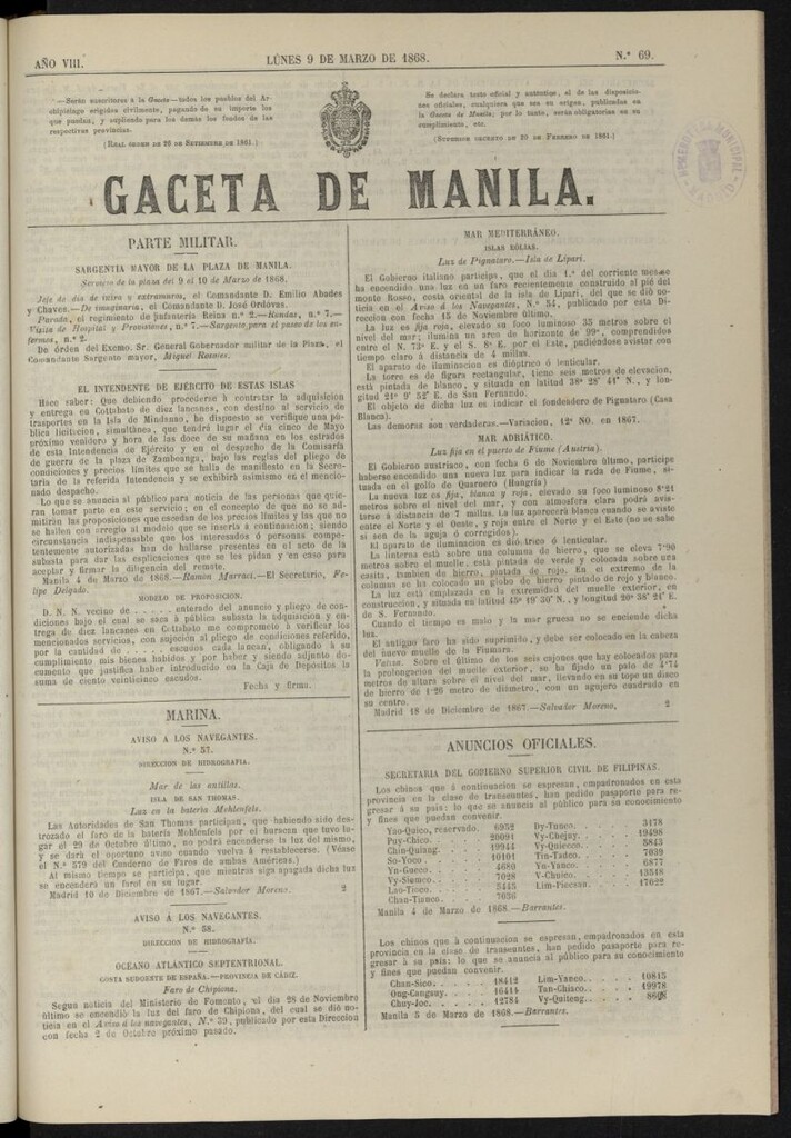 Miniatura de Gaceta de Manila del 9 de marzo de 1868, nº 69