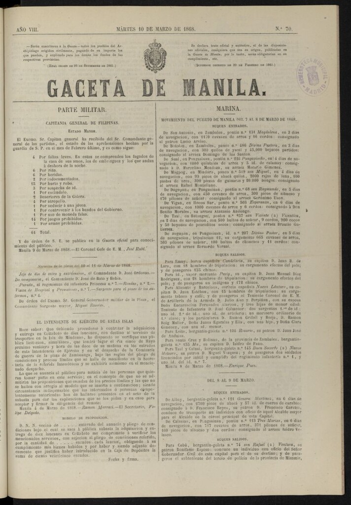 Miniatura de Gaceta de Manila del 10 de marzo de 1868, nº 70
