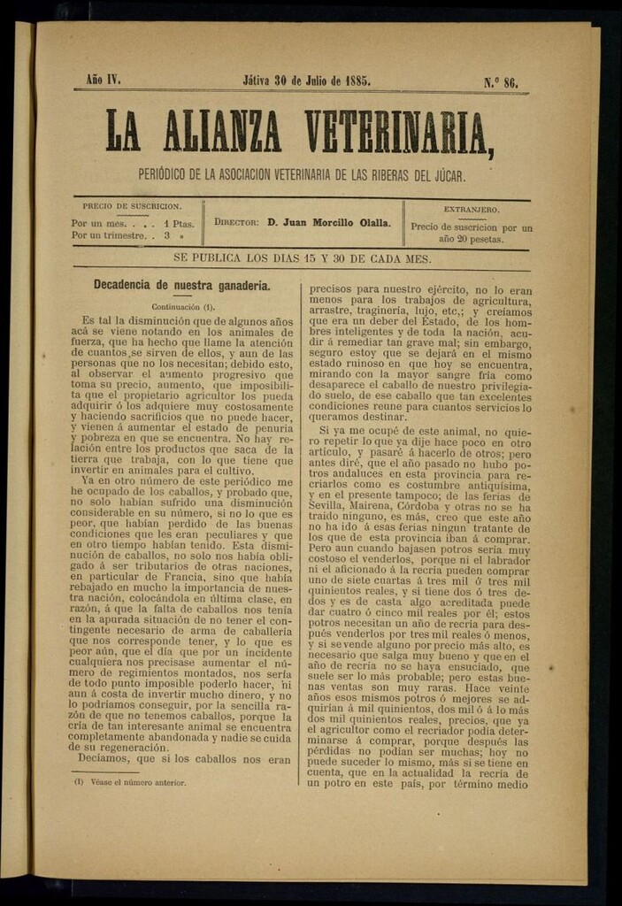 Miniatura de La alianza veterinaria, periódico de la Asociación veterinaria de las riberas del Júcar del 30 de julio de 1885