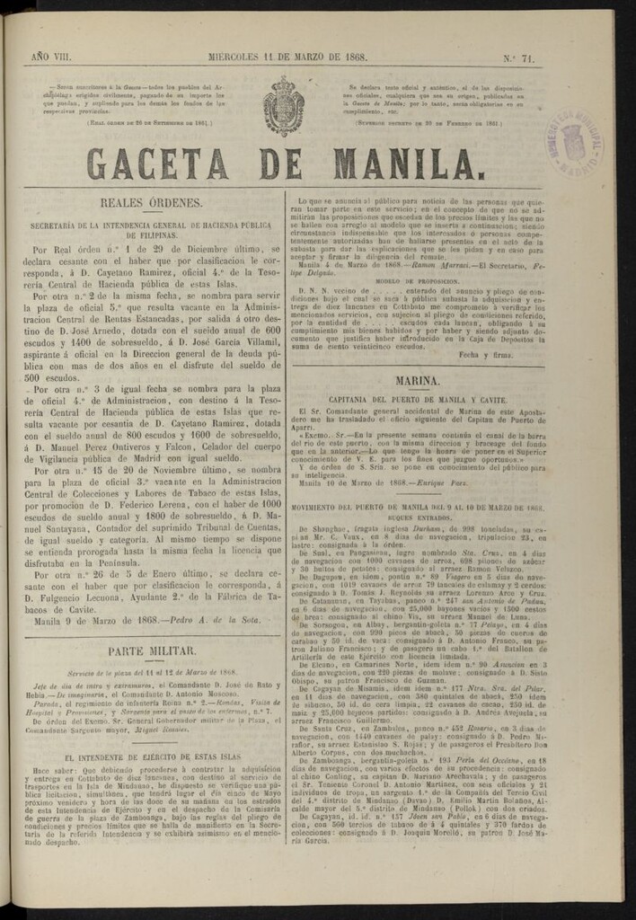 Miniatura de Gaceta de Manila del 11 de marzo de 1868, nº 71