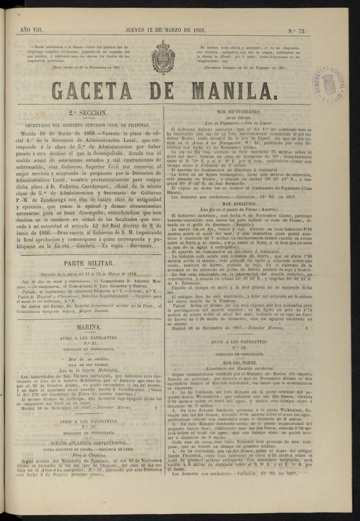 Miniatura de Gaceta de Manila del 12 de marzo de 1868, nº 72