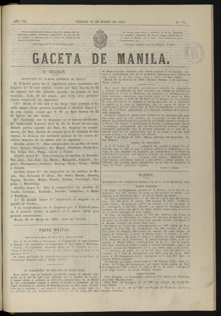 Miniatura de Gaceta de Manila del 13 de marzo de 1868, nº 73