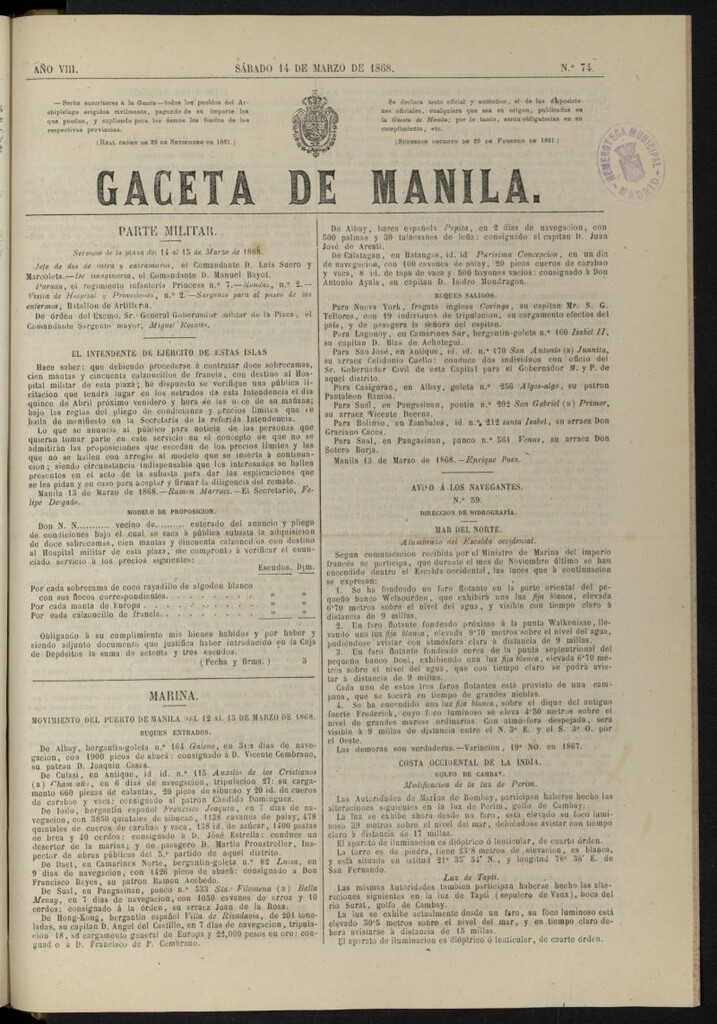 Miniatura de Gaceta de Manila del 14 de marzo de 1868, nº 74