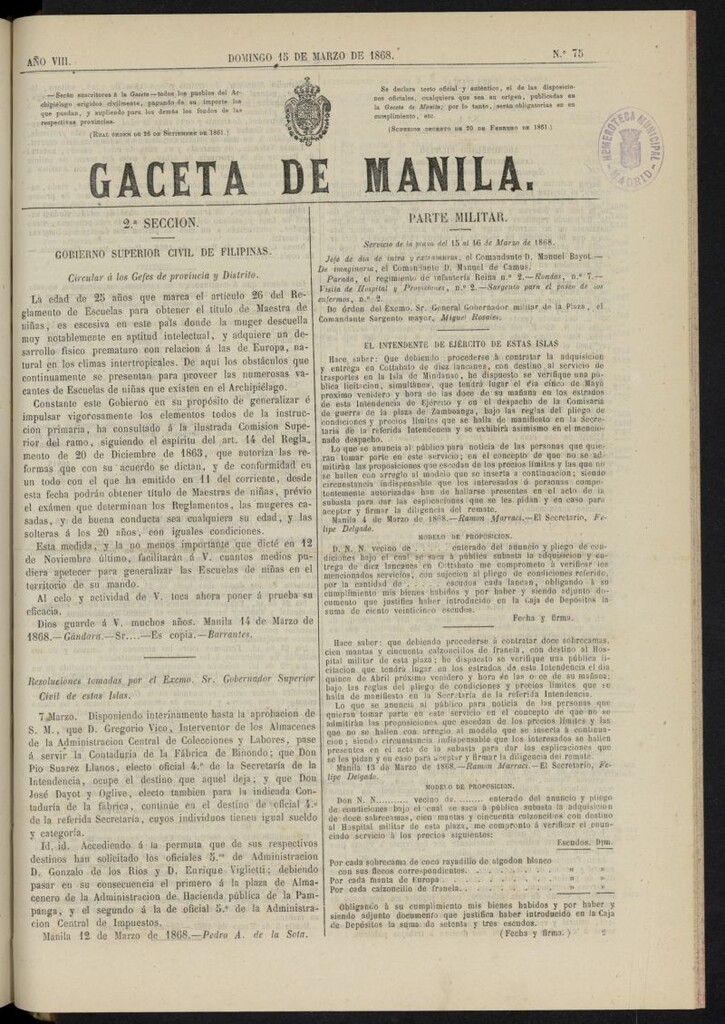 Miniatura de Gaceta de Manila del 15 de marzo de 1868, nº 75