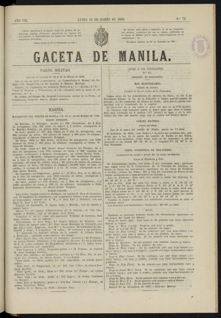 Miniatura de Gaceta de Manila del 16 de marzo de 1868, nº 76