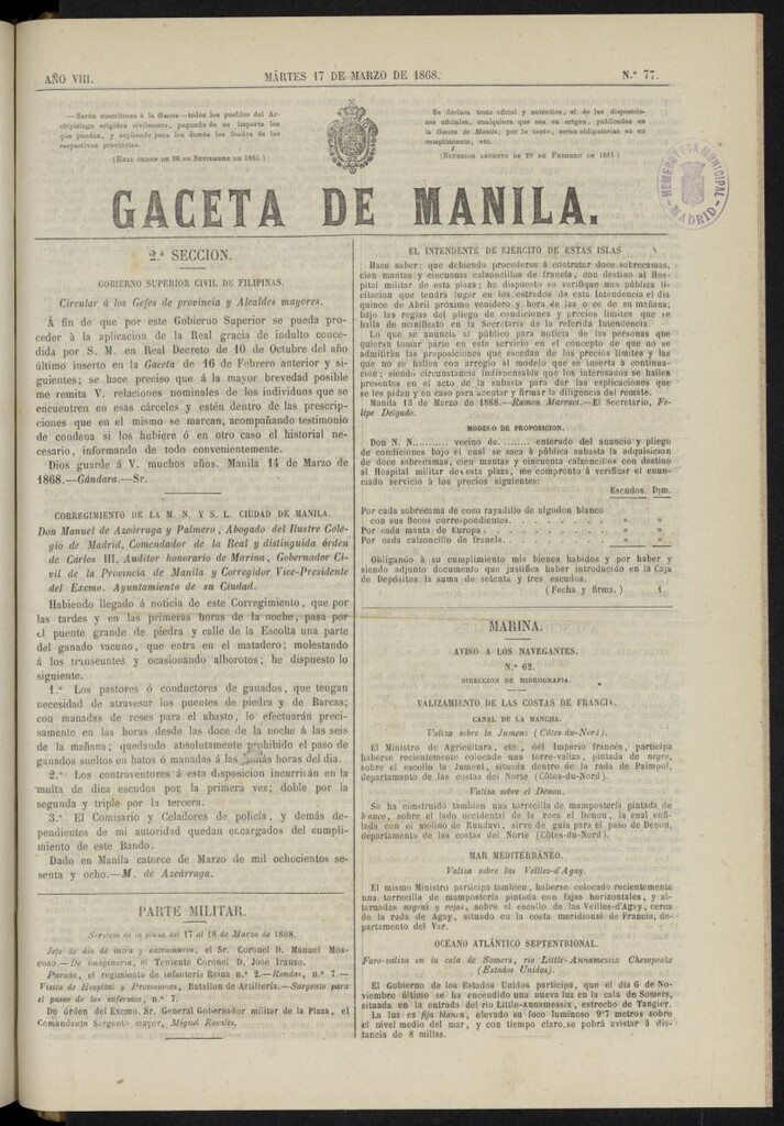 Miniatura de Gaceta de Manila del 17 de marzo de 1868, nº 77