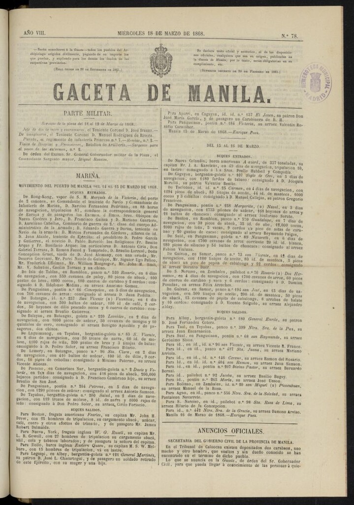 Miniatura de Gaceta de Manila del 18 de marzo de 1868, nº 78