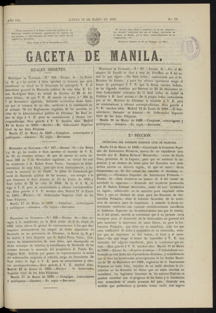 Miniatura de Gaceta de Manila del 19 de marzo de 1868, nº 79
