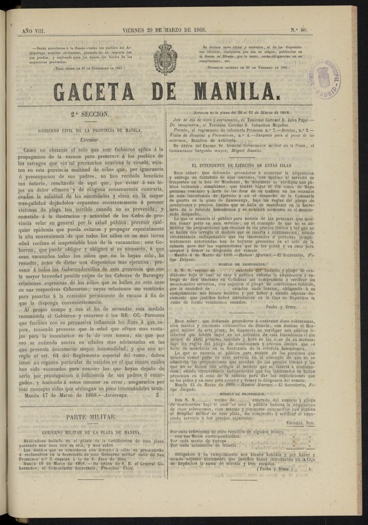 Miniatura de Gaceta de Manila del 20 de marzo de 1868, nº 80