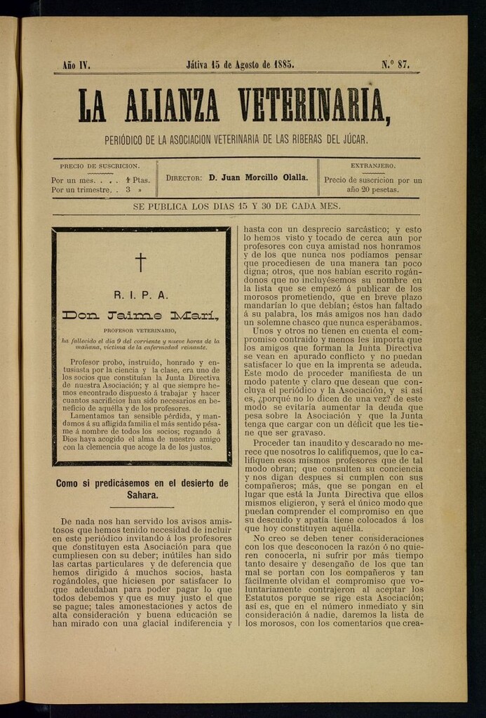 Miniatura de La alianza veterinaria, periódico de la Asociación veterinaria de las riberas del Júcar del 15 de agosto de 1885